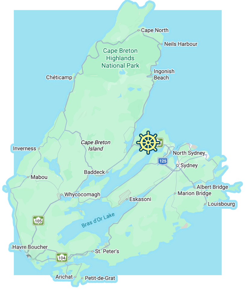 Map of Cape Breton with our location marked in Big Bras d'Or